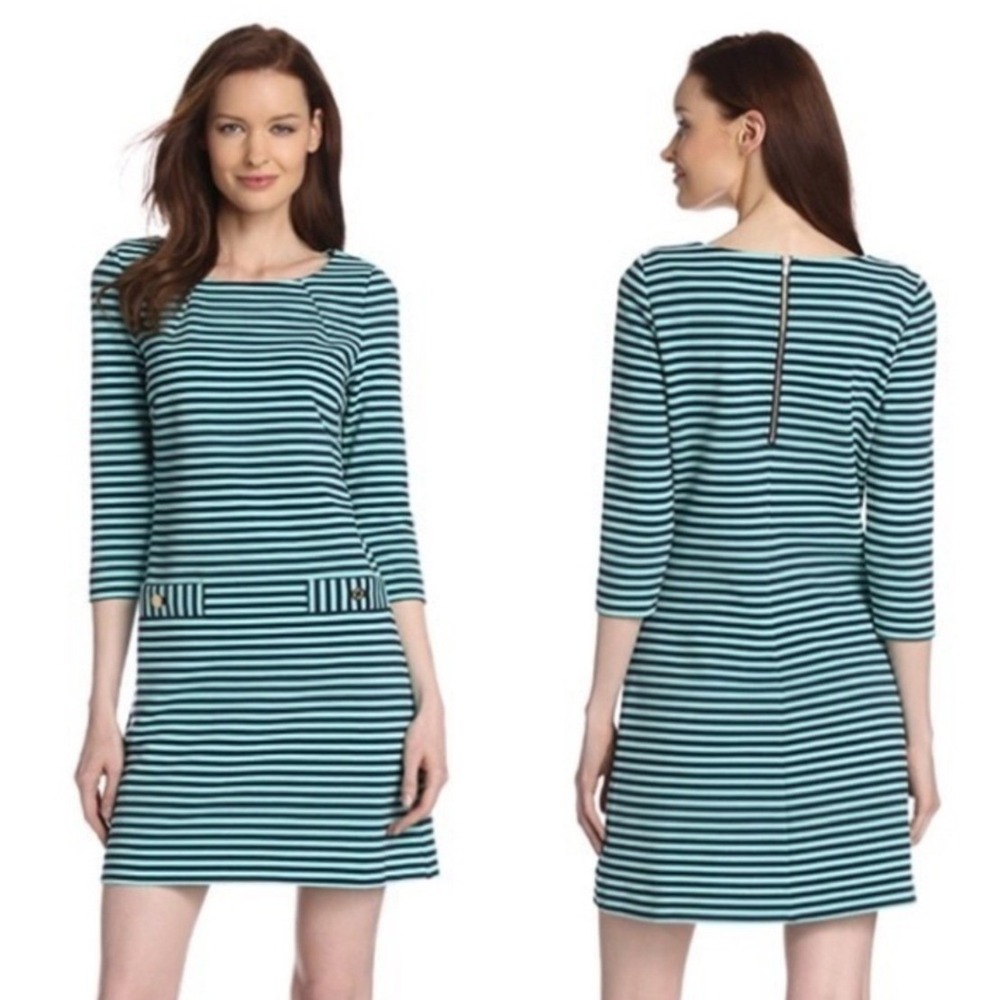 Lilly Pulitzer Charlene Turquoise/Navy Striped Shift Dress 3/4 Sleeves Sz M